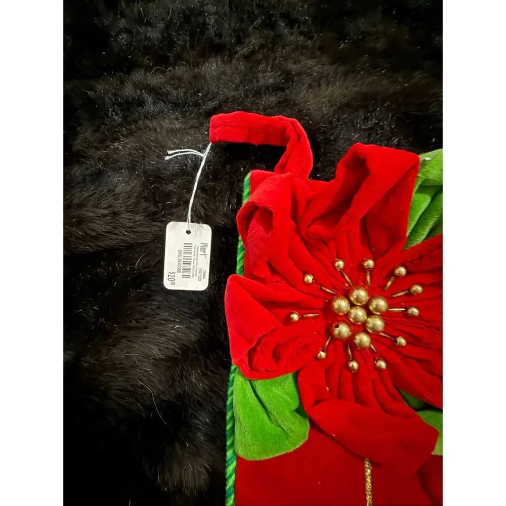 New Christmas Red Velvet Pier 1 One elf long stocking Poinsettia